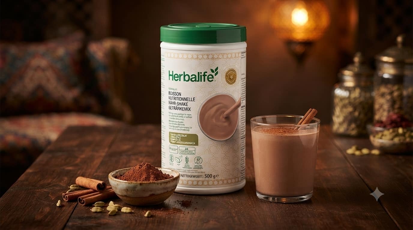 Dose des Herbalife Formula 1 Shakes in Dubai-style Schokolade auf einem Holztisch mit einem Glas Shake, Kakaopulver und Gewürzen wie Zimt und Kardamom